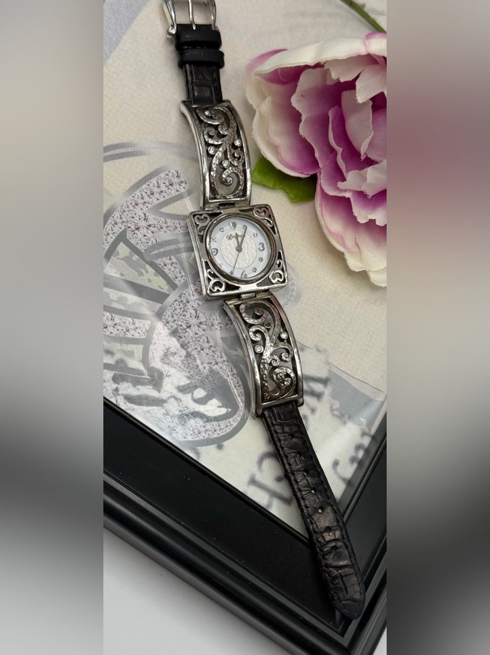 Brighton Hammered Silver Scroll AccentDesigns with Black Leather Strap